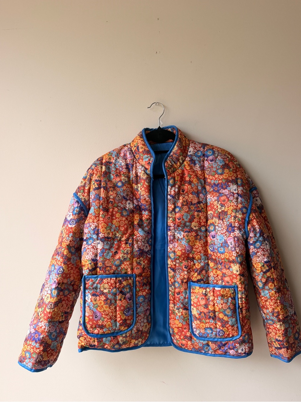 Floral Quilted Puffer Jacket in Orange & Blue